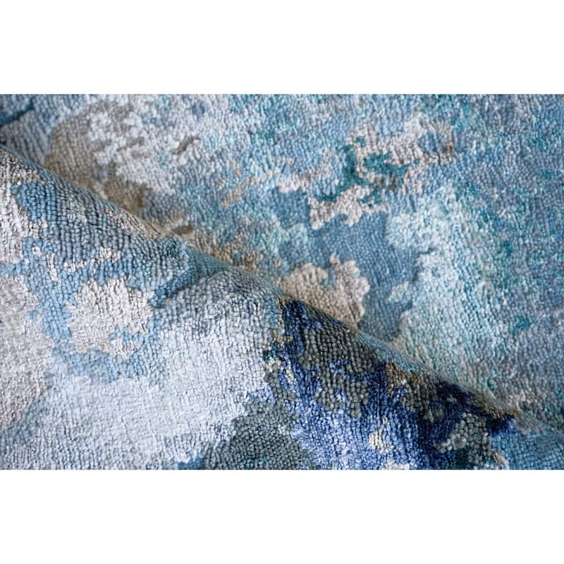 Exquisite Rugs Cosmo Hand-Knotted New Zealand Wool/Bamboo Silk Blue/Silver/Dark Gray Area Rug.