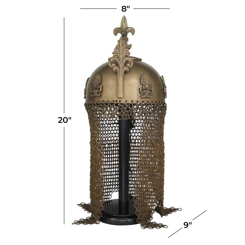 Metal Replica Medieval Ottoman Islamic Helmet with Black Wood Stand and Chainmail - Brass - Roche River Decor