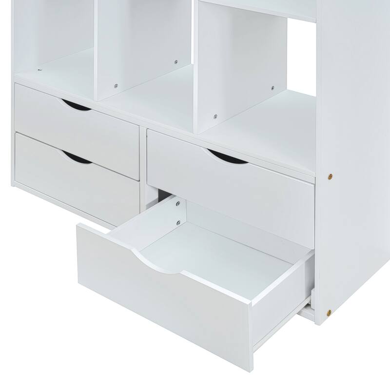 Loft Bed with Large Shelves, Writing Desk, Drawers and LED Light