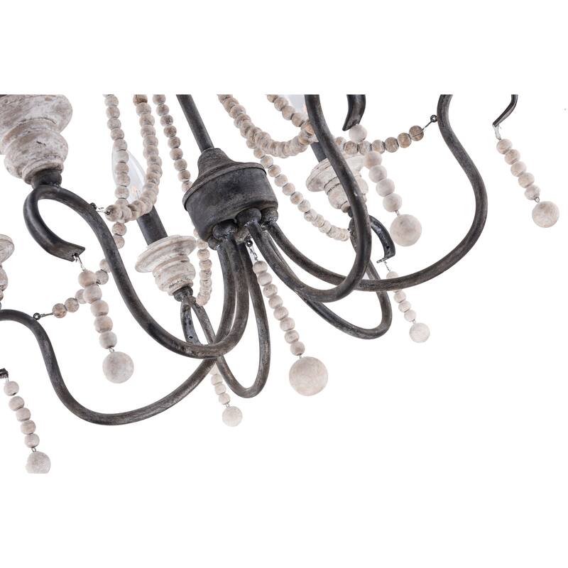 Cusp Barn Modern Farmhouse 6-Light Wood Beaded Chandelier Coastal Pendant Light French Country Candle Ceiling Light for Kitchen