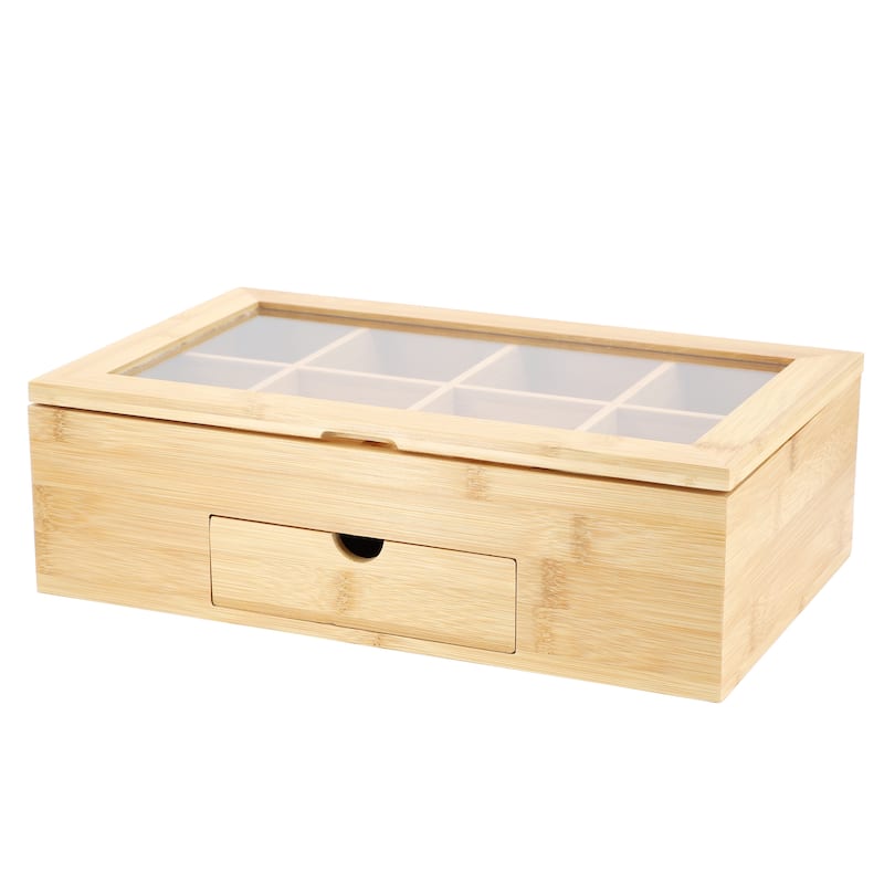 MegaChef 13 x 8 Inch Bamboo Tea Box Organizer with Acrylic Top Window