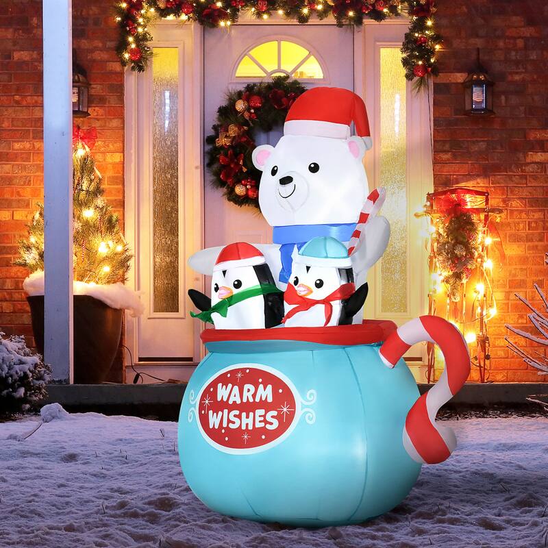Outsunny 5ft Inflatable Christmas Blessed Polar Bear and Penguins in a Cup - Blue