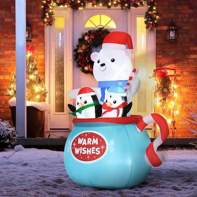 Outsunny 5ft Inflatable Christmas Blessed Polar Bear and Penguins in a Cup
