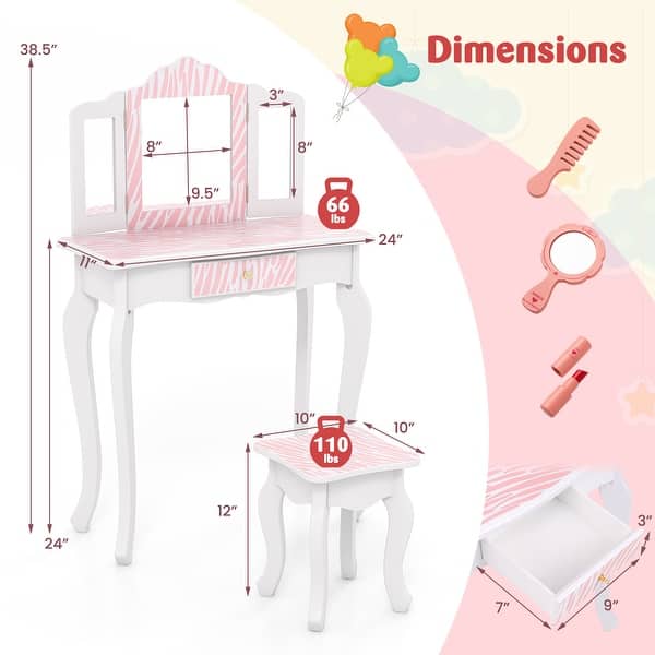 Kids Vanity Table Set with Drawer & 3 Makeup Accessories for Pretend Play - 24" L x 11" W x 38.5" H