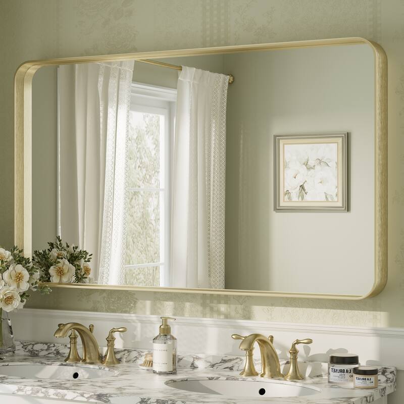 Aluminum Alloy Framed French Cleat Mounted Tempered Glass Wall Vanity Mirror - 51" x 30" - Gold