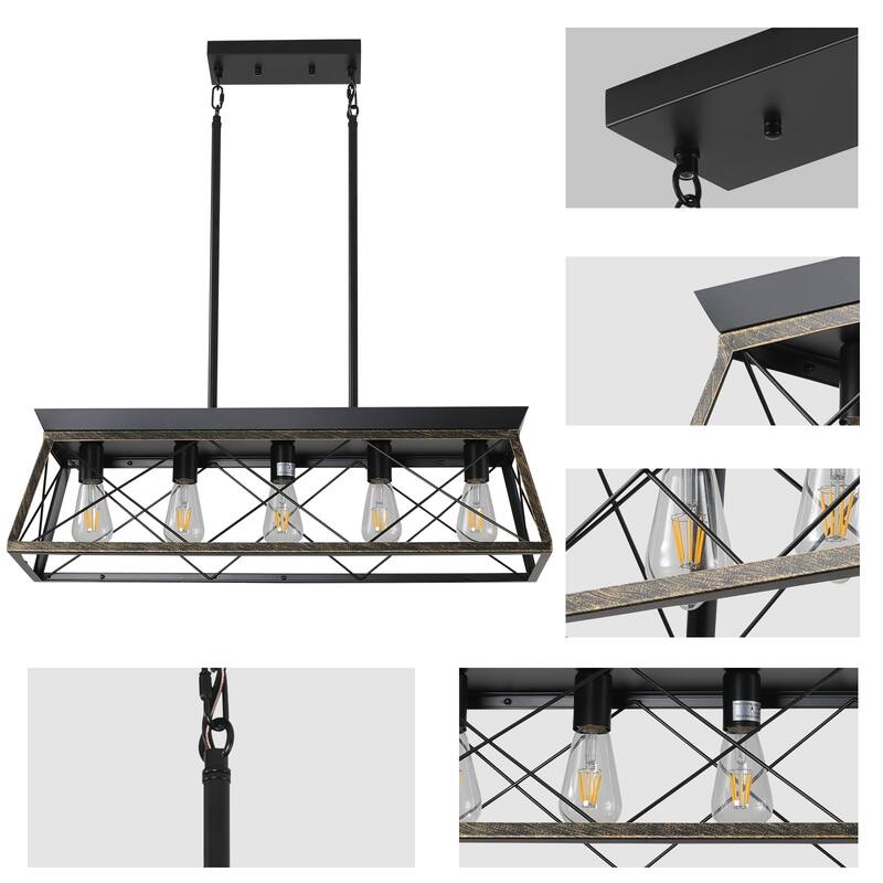 32" Industrial 5-Light Pendant Chandelier, Modern Metal Cage Design, Adjustable Hanging Light for Dining Room (No Bulbs)