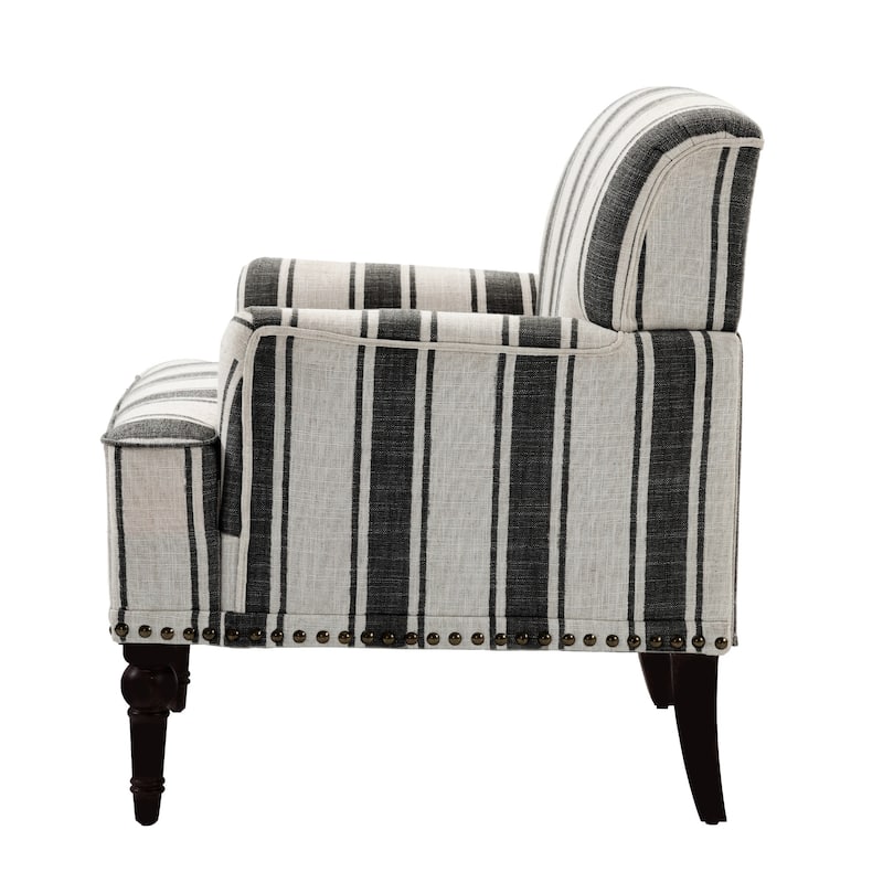 Set 2 Striped Upholstered Linen Armchair with Brass Nailhead Trim