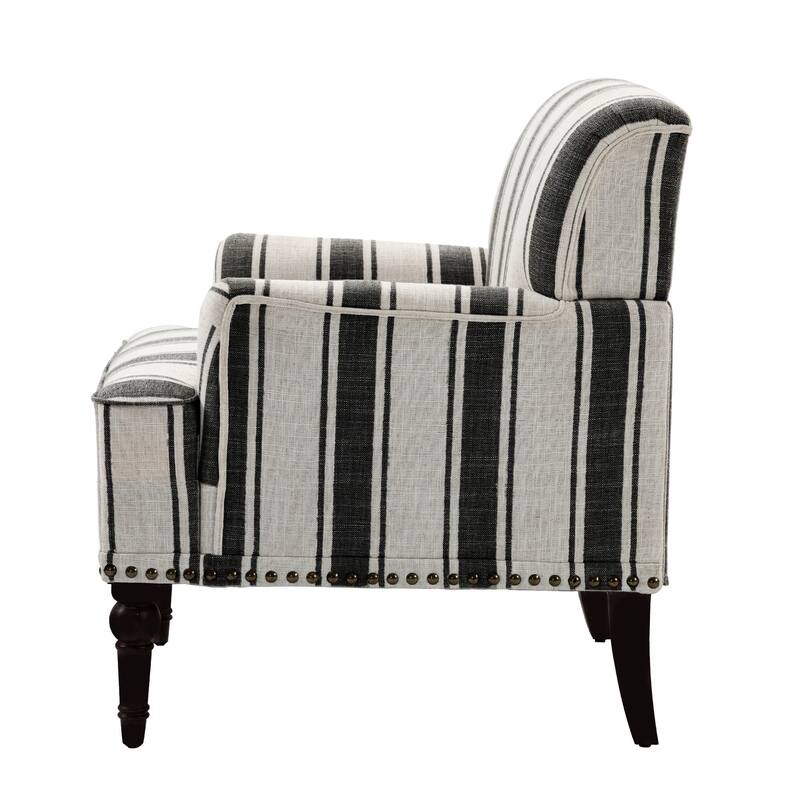 Striped Upholstered Linen Armchair with Brass Nailhead Trim