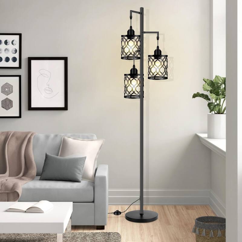 Industrial Floor Lamp, Metal Farmhouse Floor Lamp for Living Room, Rustic Standing Tall Lamp with 3 Elegant Cage Heads - Black