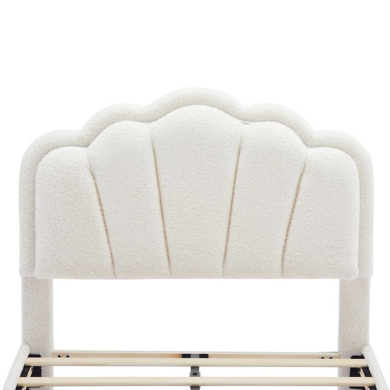 Sherpa Fabric Upholstered Platform Bed with Elegant Flowers Headboard and Wooden Slats Support