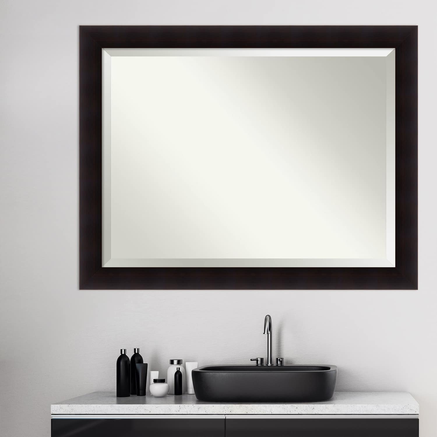 Beveled Wood Bathroom Wall Mirror - Portico Espresso Frame - Outer Size ...