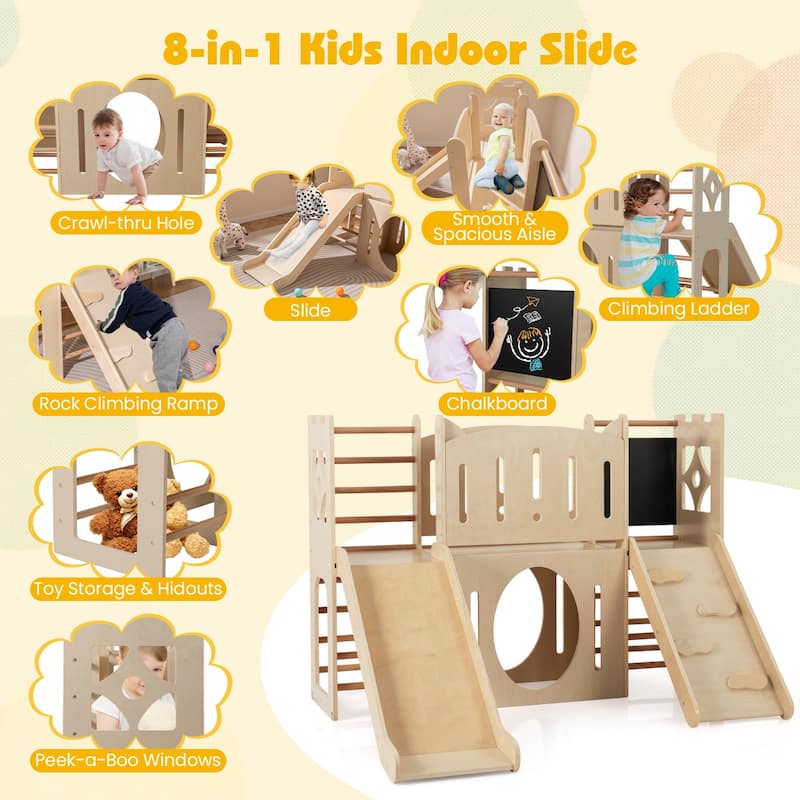 Wooden 8 in 1 Kids Indoor Playset with Slide Climbing Ramp Chalkboard and Storage Castle Activity Center for Toddlers