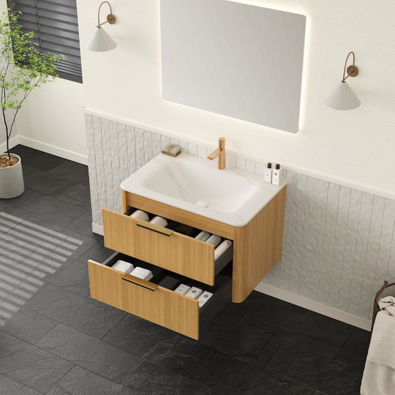 30"/36" Wall-Mounted Bathroom Vanity with Sink, Floating Vanity Base with Sintered Stone Hot-bent Integrated Basin