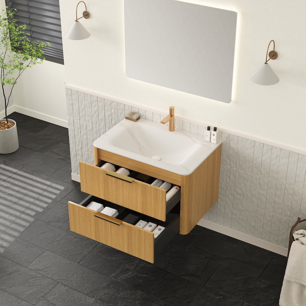 30"Floating Bathroom Vanity with Ultra-Pinstriped Plywood Storage, Drawers, and Carrara White Sintered Stone Integrated Basin‌.