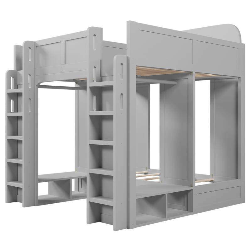 Triple Bunk Bed with Storage Shelves & Hooks, Twin + Twin over Twin XL, Space-Saving Design