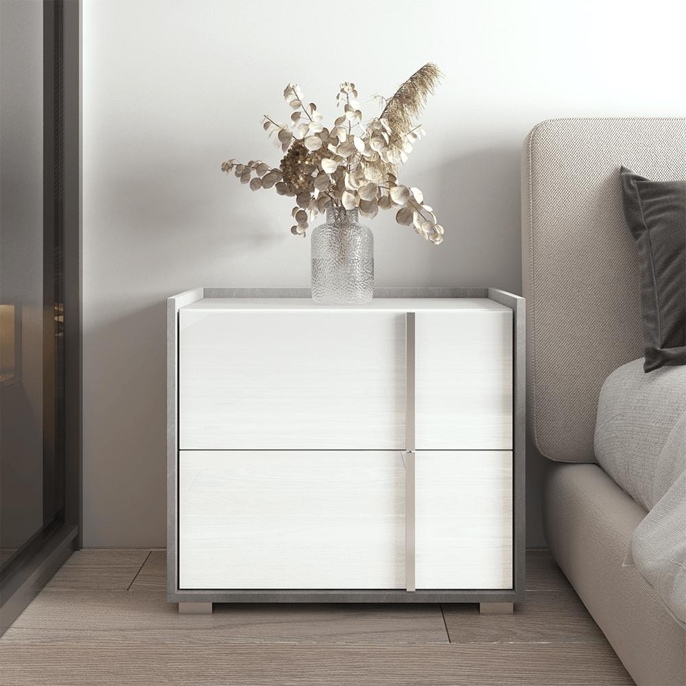 Meble Furniture Sky 25" Modern Nightstand 25.2"W x 15.7"D x 22.4"H High Gloss Fronts Matte Body European Design
