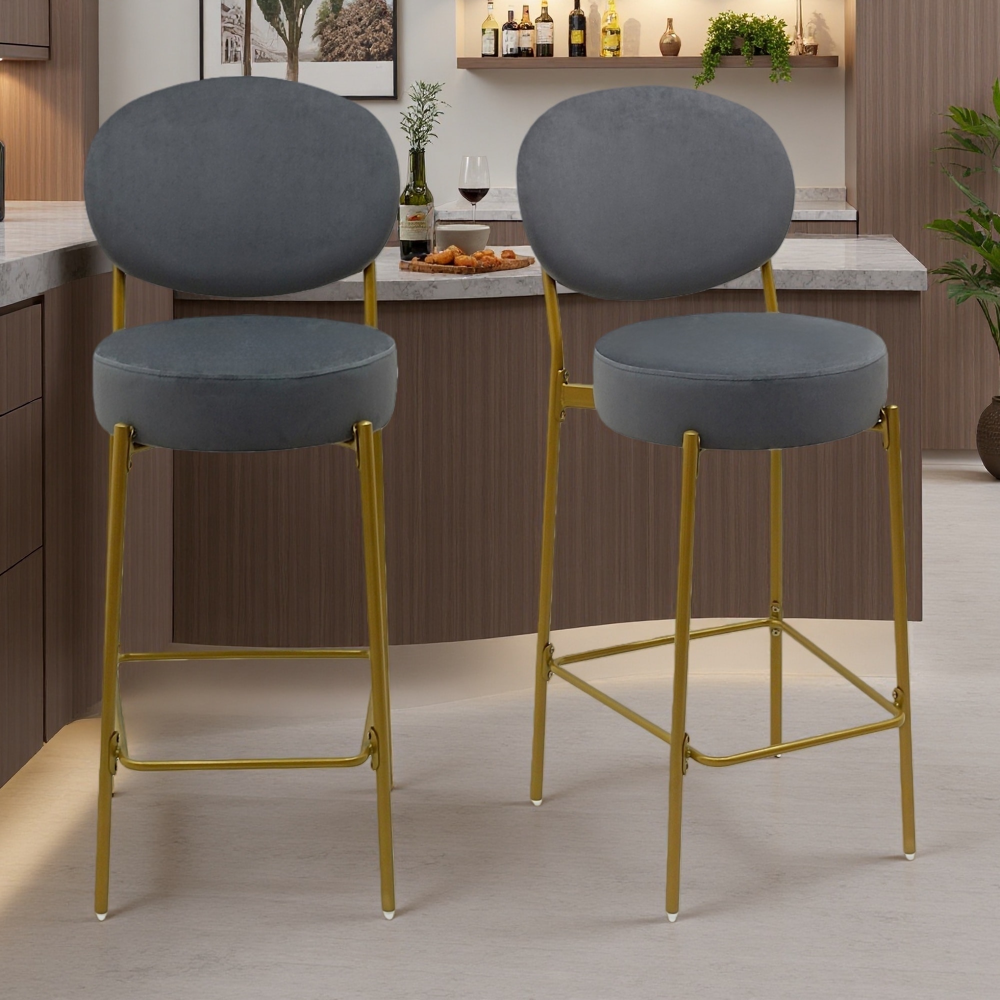 Faux Leather Upholstered Bar Stools with Metal Legs and Footrest, Set of 2