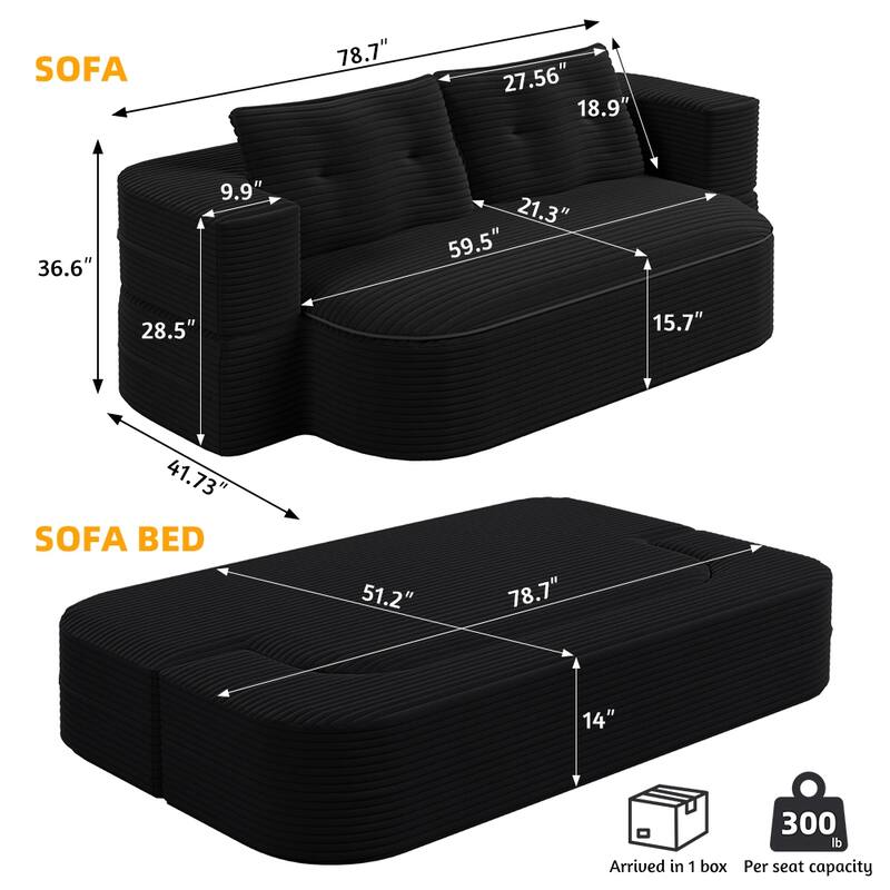 78.7 Inch Convertible Floor Sofa Bed, Plush Corduroy Sleeper Couch with Blanket and 2 Pillows, Deep Seat
