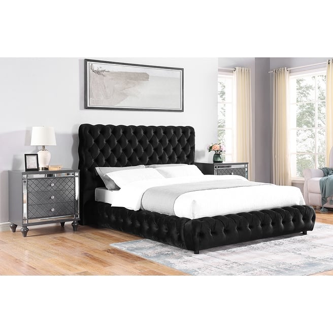 Mirilla Black Velvet Upholstered Tufted Platform Bed - Queen