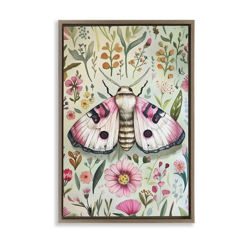 Stupell Moth over Floral Herbs Framed Floater Canvas Wall Art Design By The Dutch Lady - 21 x 31 - Brown