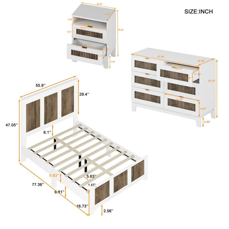 4-Pc Full/Queen Farmhouse Bedroom Set with Wooden Strip Stickers, Storage Nightstand & Dresser, White/Black