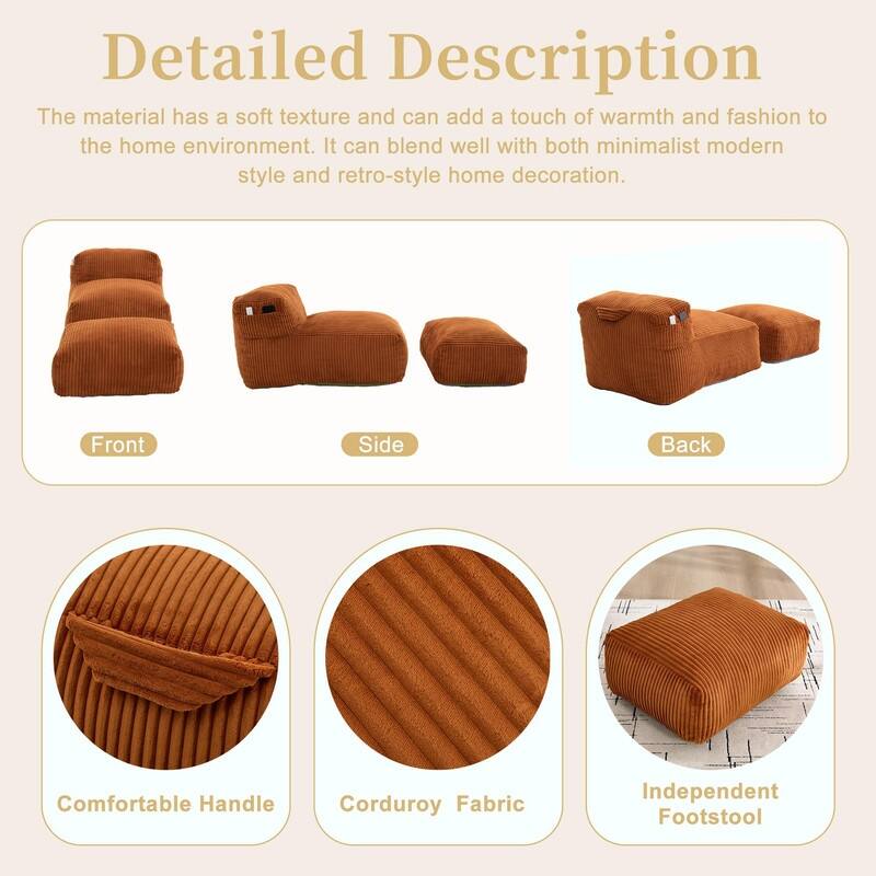 Large Memory Foam Bean Bag Chair for Adults, Corduroy Lounger Sofa with Ottoman