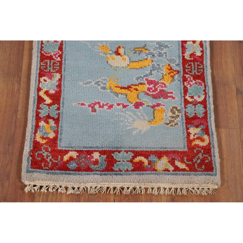 Hand Knotted Oriental 100% Wool Carpet Traditional Bordered Navy Blue & Blues Art Deco Area Rug - 3' 0'' X 2' 0''