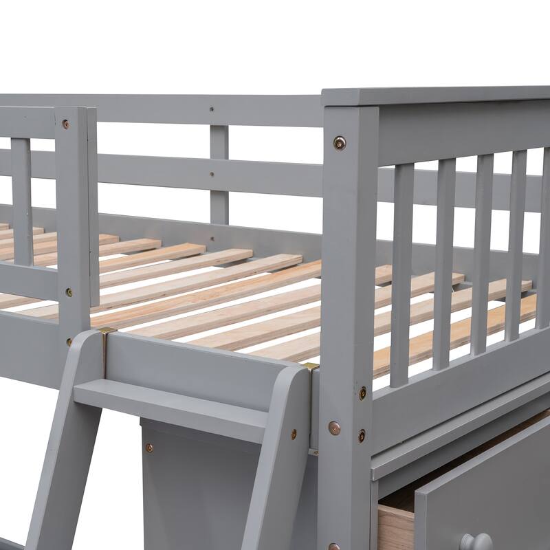 Twin Over Full Bunk Bed with Wheels, 6 Drawers and 3 Shelves