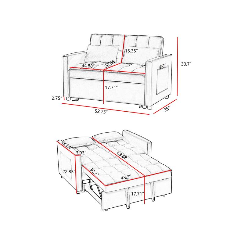 Velvet Loveseat Convertible Pull-out Sleeper Sofa Bed, Tufted Futon Sofa with Adjustable Backrest and 2 Pillows, Pockets