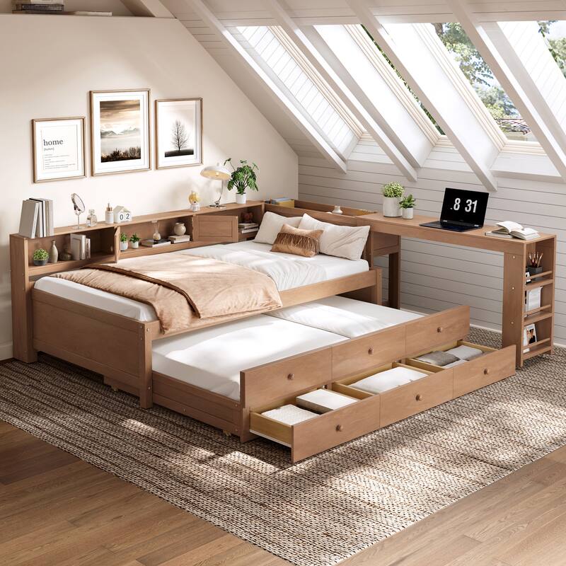 Full/Twin Daybed with Trundle & Storage Drawers - Wood Frame with Side Shelves and Desk - Brown - Twin