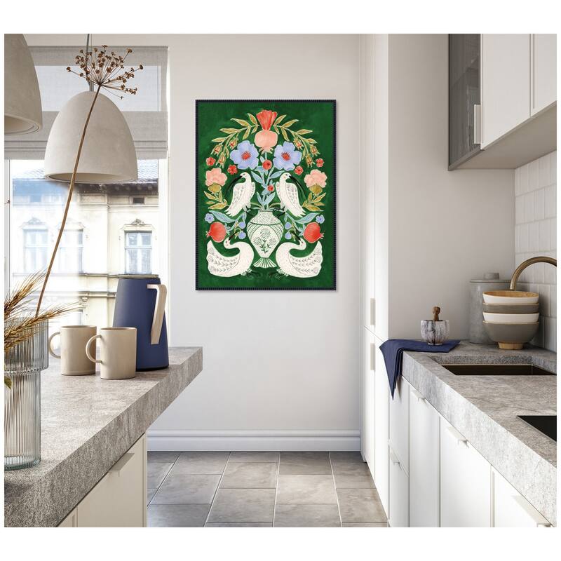 Kate and Laurel Floral Folklore Ibises and Swan by Jill Labieniec Framed Canvas Wall Art Print