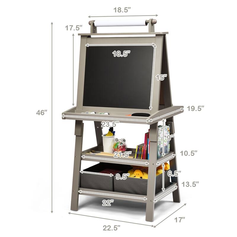 Grey 3-in-1 Kids Art Easel with Double-Sided Blackboard Whiteboard Paper Roll and Storage - 23.5" x 19.5" x 46" (L x W x H)