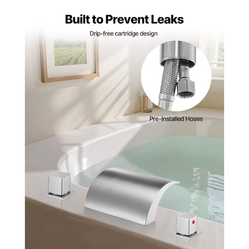 Silver Stainless Steel Deck Mounted Roman 3-Hole Tub Faucet with Dual Handles and Fast Fill Bathtub - 5.32” x 7.09” x 6.69”