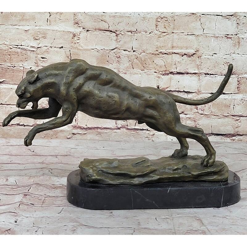 Handmade Panther Jumping Bronze Sculpture Cubism Statue Cougar Puma Feline