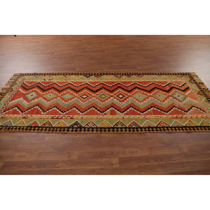 Vegetable Dye Kilim Qashqai Persian Vintage Runner Wool Carpet - 3'9"x 9'7"