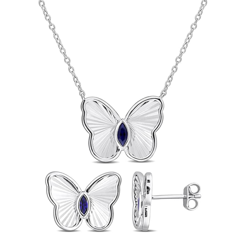 Miadora 3/8ct TGW Created Blue Sapphire Butterfly Stud Earrings and Necklace Sterling Silver