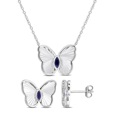 Miadora 3/8ct TGW Created Blue Sapphire Butterfly Stud Earrings and Necklace Sterling Silver