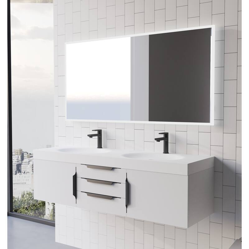 Thames 60" Shallow Basin Wall Mounted Bathroom Vanity Set w/ White Top