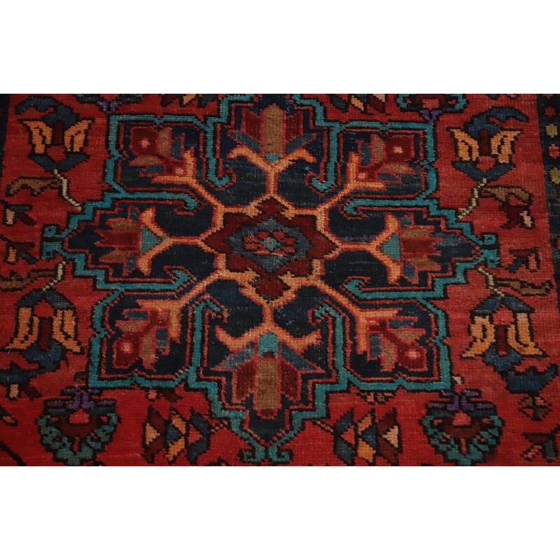 Hand Knotted Oriental 100% Wool Carpet Traditional Floral Oranges & Rust Heriz Runner Rug - 12' 8'' X 3' 3''