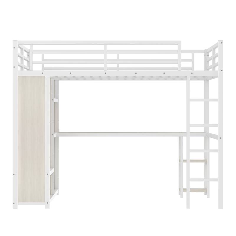 Queen Size Loft Bed with Wardrobe, Desk, and Storage Shelves in White Wood-grain Finish
