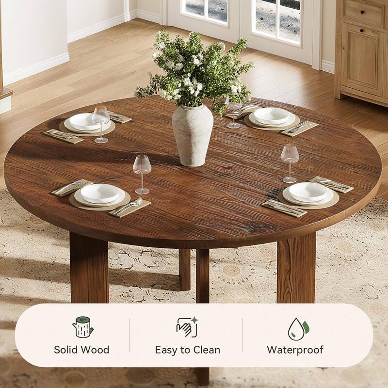 47.24" Solid Wood Round Dining Table, Farmhouse Dinner Table for Dining Room, Natural Brown