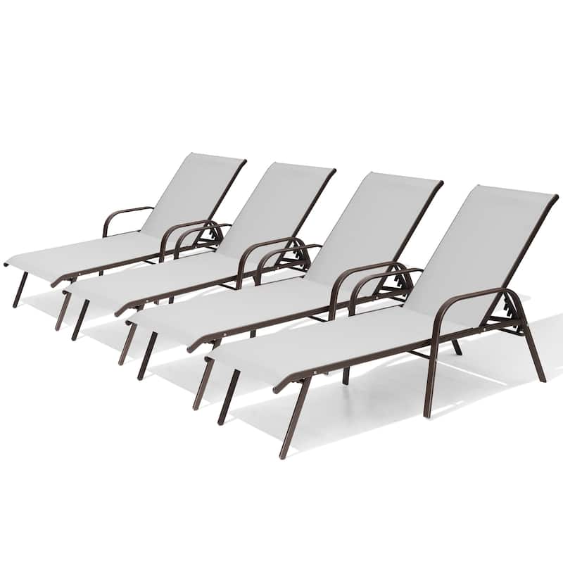 Crestlive Products Outdoor Adjustable Reclining Chaise Lounge Chair with Armrest - Light Grey - 4PC