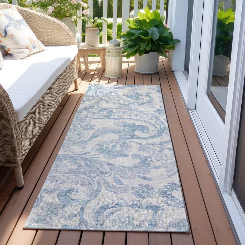 Machine Washable Indoor/ Outdoor Chantille Traditional Scroll Rug - Sky - 2'3" x 7'6"