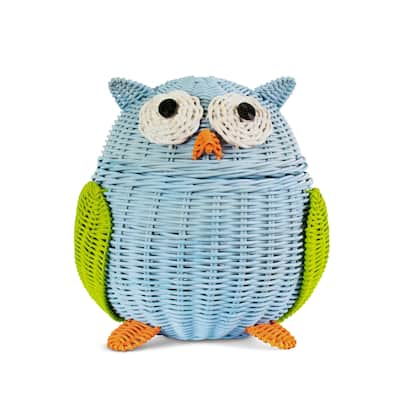 Blue Owl Rattan Storage Basket with Lid Decorative Home Decor Hand Woven Shelf Organizer Cute Handmade Handcrafted Gift Art