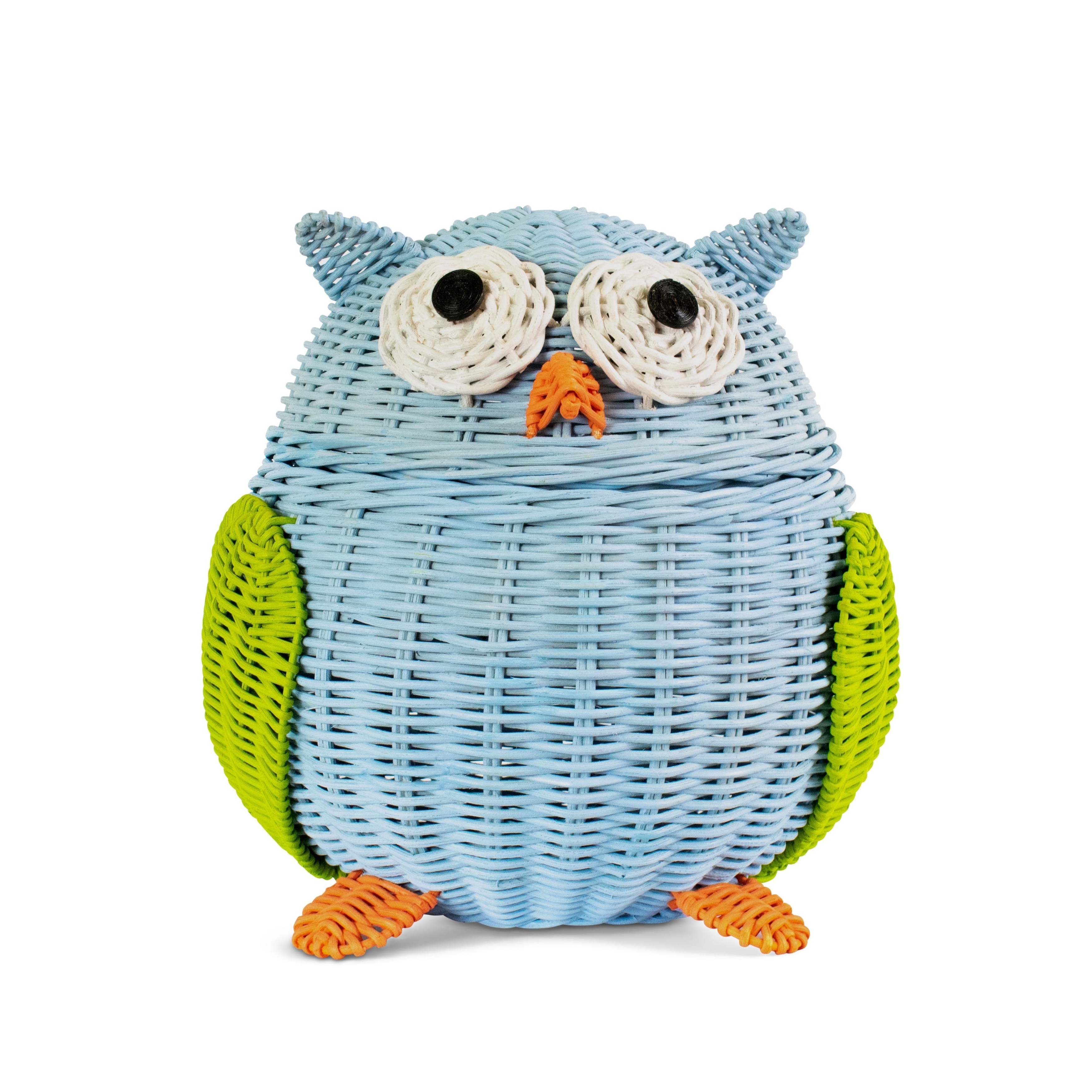 Blue Owl Rattan Storage Basket with Lid Decorative Home Decor Hand Woven Shelf Organizer Cute Handmade Handcrafted Gift Art