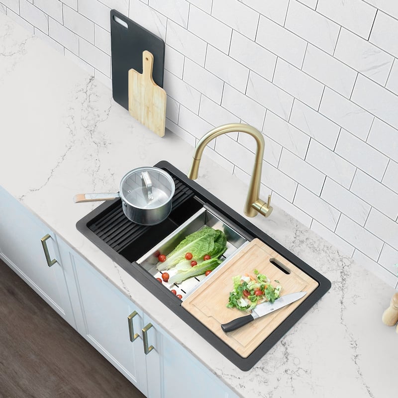 Dual mount 32 inch Black Composite Granite Single Bowl Workstation Kitchen Sink