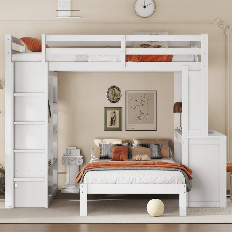 Full Over Twin Bunk Bed with Built-in Desk, Shelves and Wardrobe, Wood Bunk Bed Frame with Platform Bed and Loft Bed