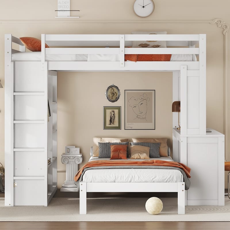 Solid Wood Bunk Bed with Built In Desk, Shelves and Wardrobe, Can be Converted into Loft Bed and Platform Bed - White - Full