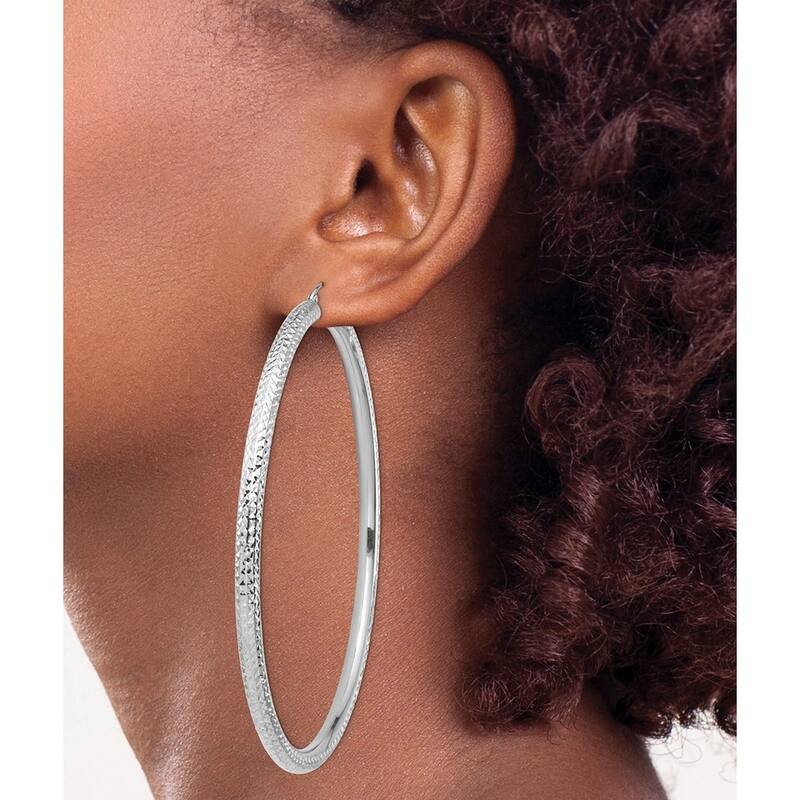 Curata 14k White Gold Lightweight 4mm Sparkle Cut Hoop Earrings - 82.5x80mm Wide 4mm Thick