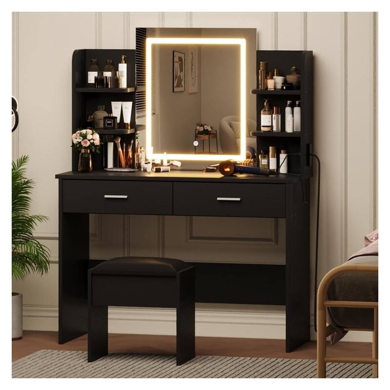 Makeup Vanity Set with Mirror, Stool， Charging Station， 2 Drawers, 6 Shelves